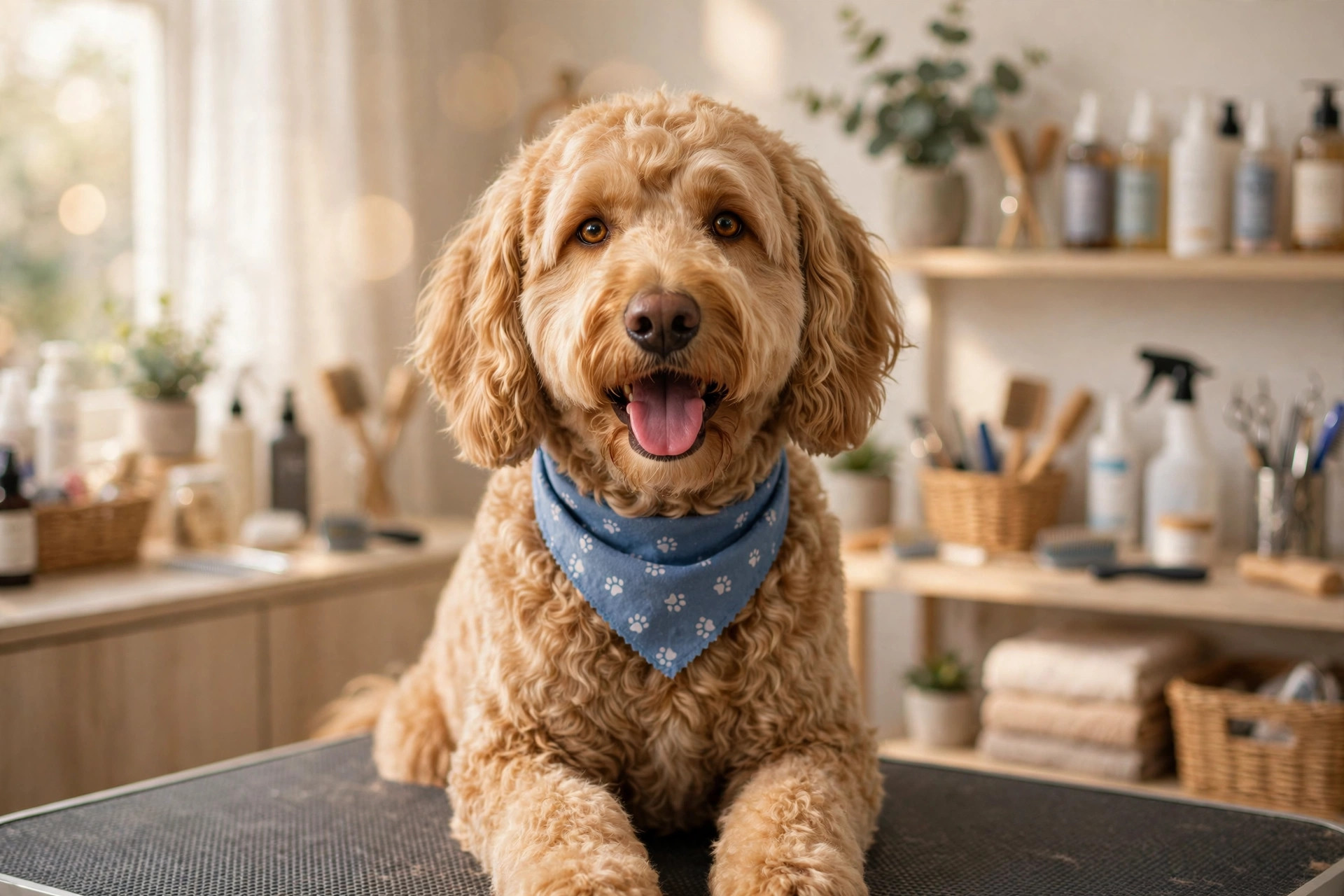 Happy freshly groomed dog smiling in a bright pet salon